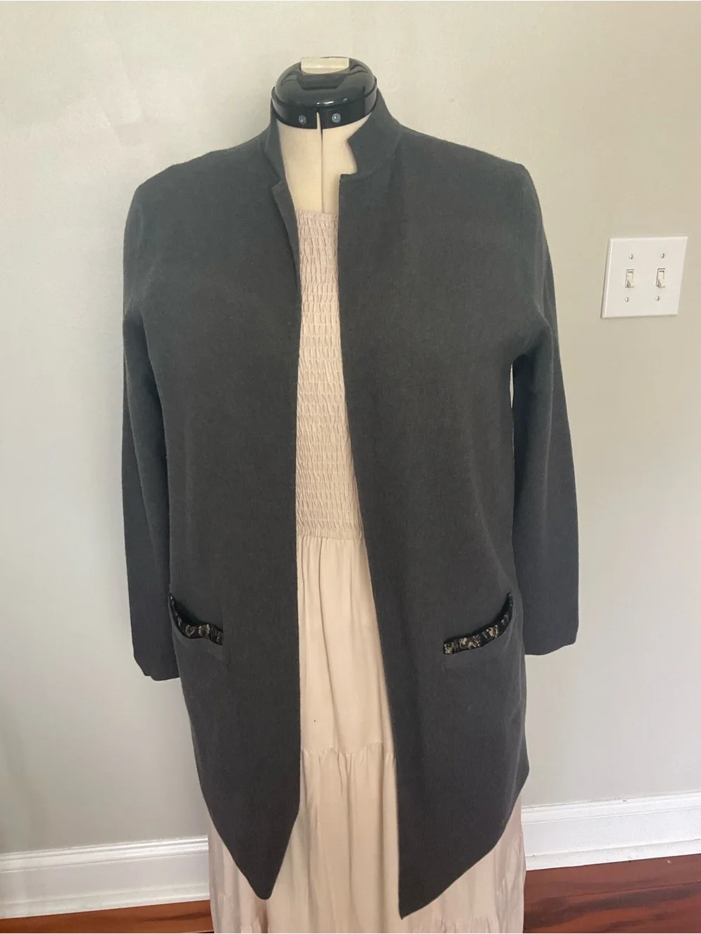 Chico's Black and Taupe Leopard Jacquard Cardigan with metallic accent
